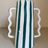 Fir and white green striped ceramic vase with handmade abstract wavy handles
