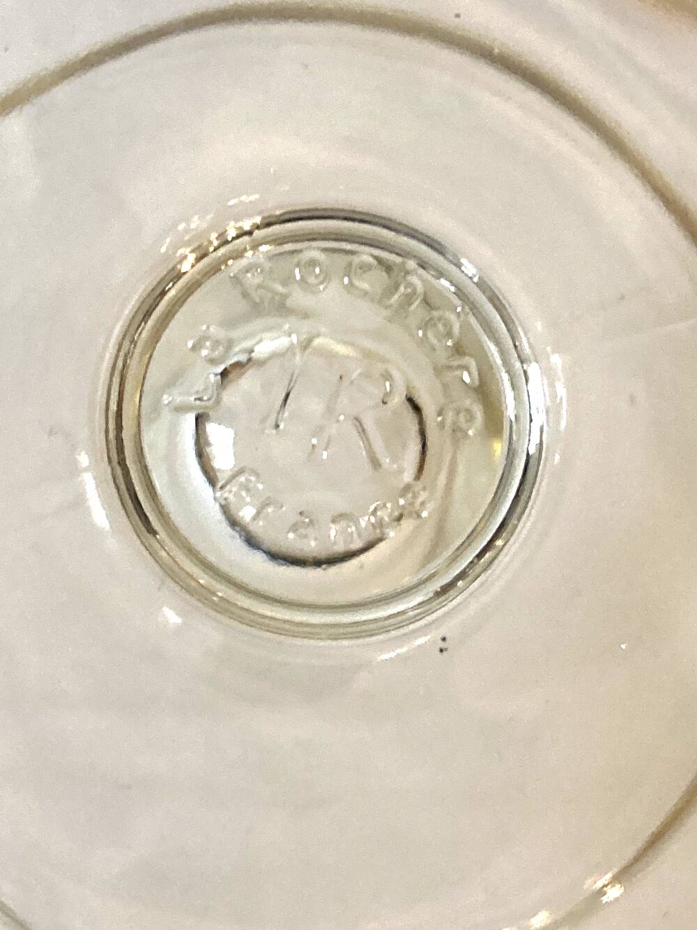 Trio of glass dessert bowls with gold rims, La Rochère, France