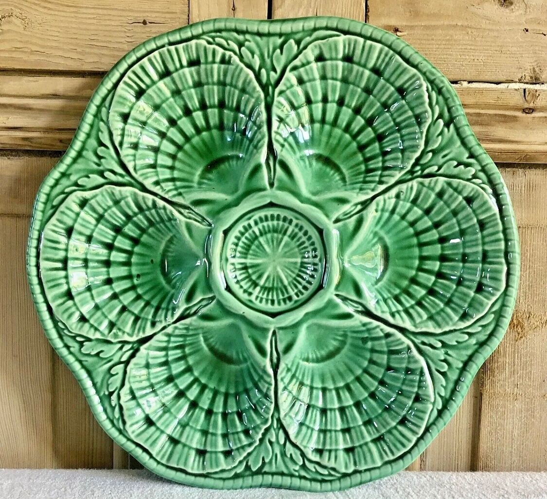7 old oyster plates Sarreguemines green slurry