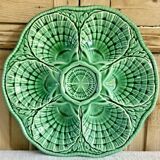 7 anciennes assiettes à huîtres barbotine verte sarreguemines