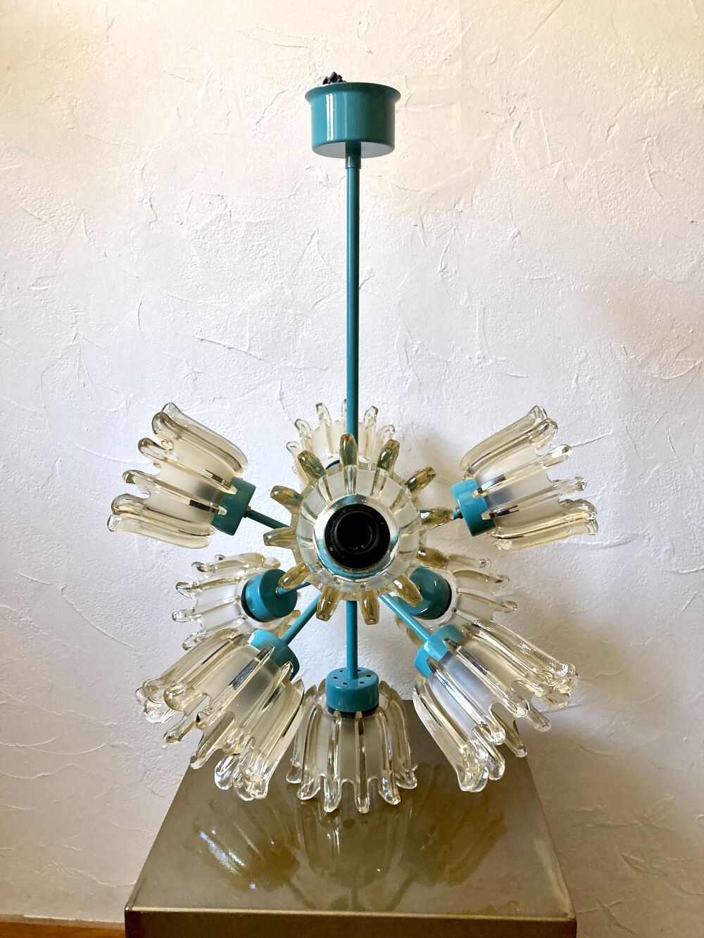 Turquoise glass and metal chandelier with 9 lights, Leclaire & Schäfer, 1960