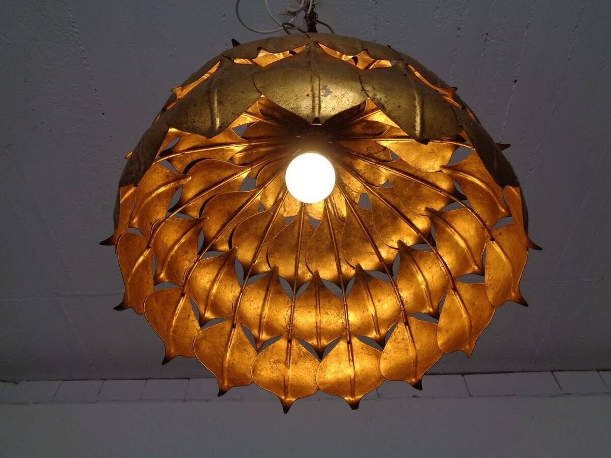 Large French Brass Lotus Ceiling Lamp, 1940s