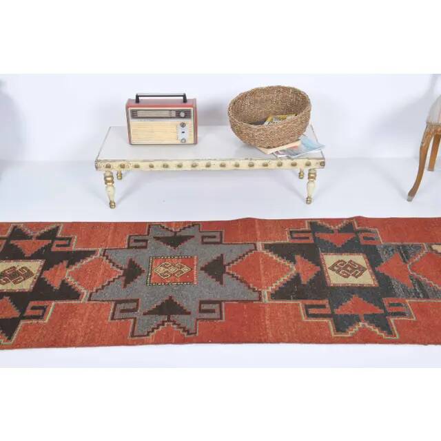 Vintage Turkish Hand-Knotted Wool Cotton Red Runner Rug 81x340