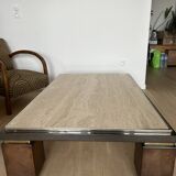 Table basse travertin cuivre et laiton Belgochrome