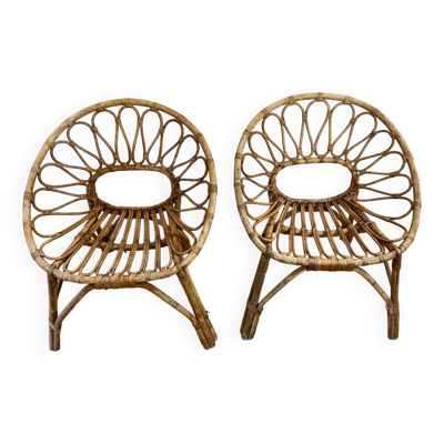 Deux fauteuils coquille en rotin, années 60