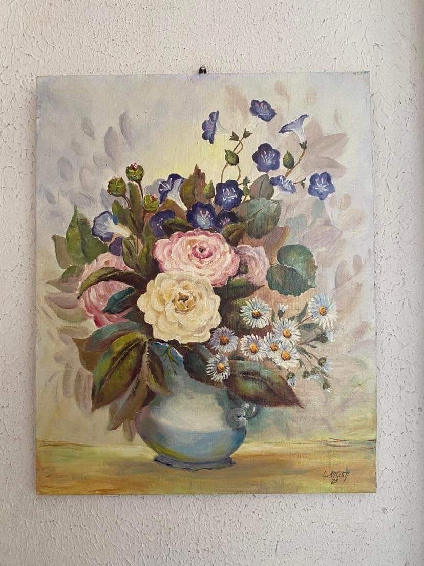 Peinture à l'huile sur toile , bouquet de fleurs dans un vase | Selency