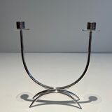 Silver-plated metal and plexiglass design candlestick.