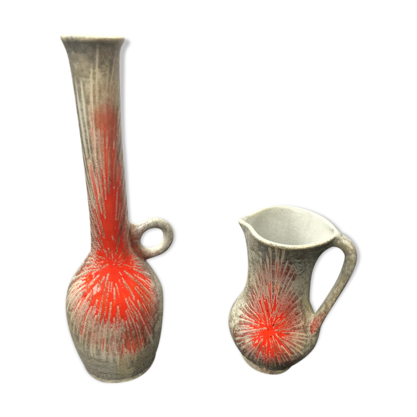 Pair Of Old Vase Ceramics Orange Orange 70s Vintage