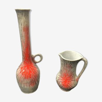 Paire de vases ancien céramique gris orange années 70 vintage