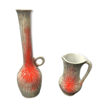 Paire de vases ancien céramique gris orange années 70 vintage