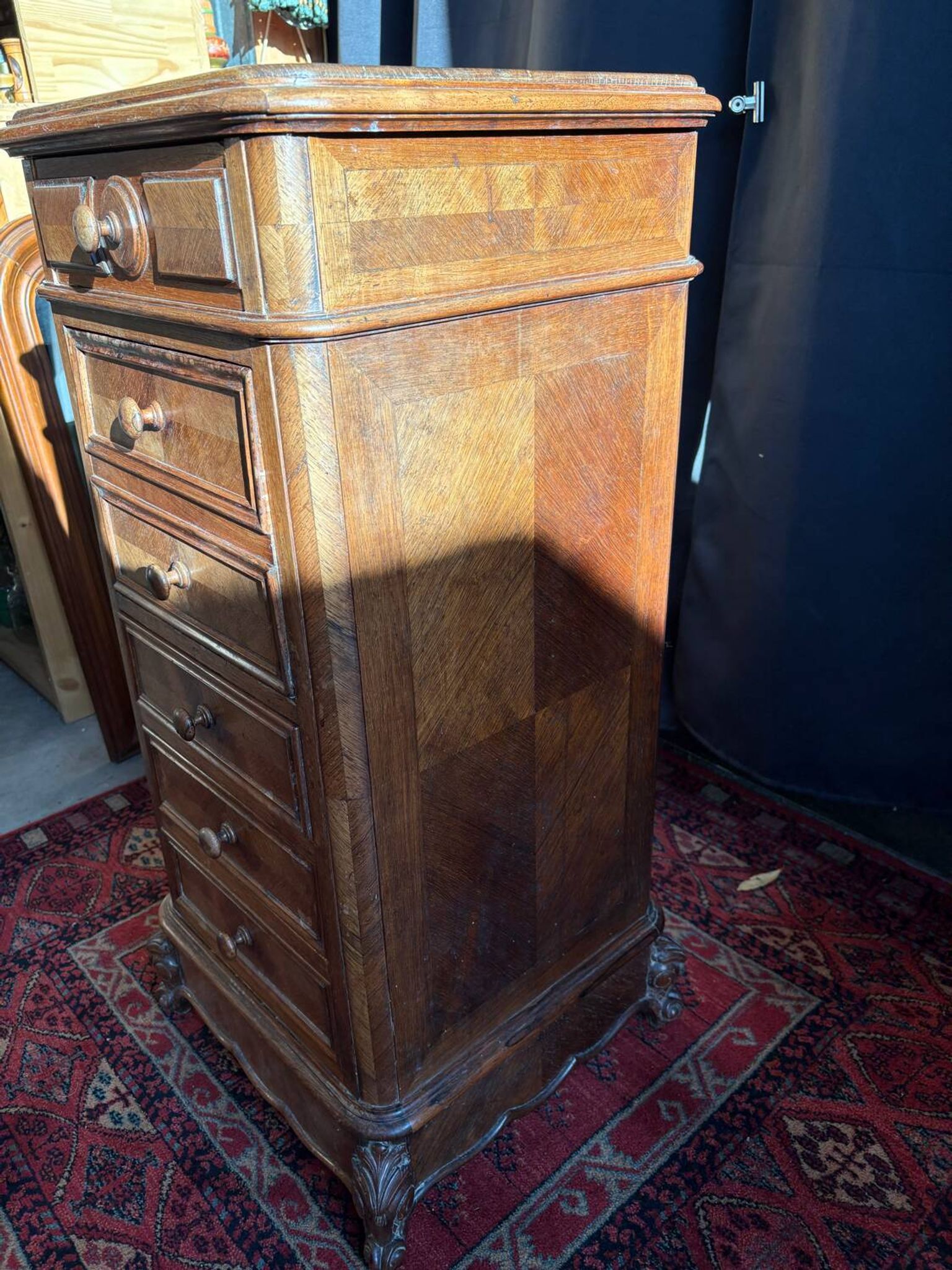 Antique Louis XV style bedside table, marble niche, marquetry, late 19th century