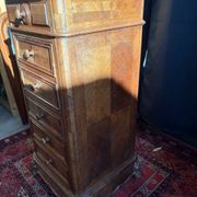 Antique Louis XV style bedside table, marble niche, marquetry, late 19th century