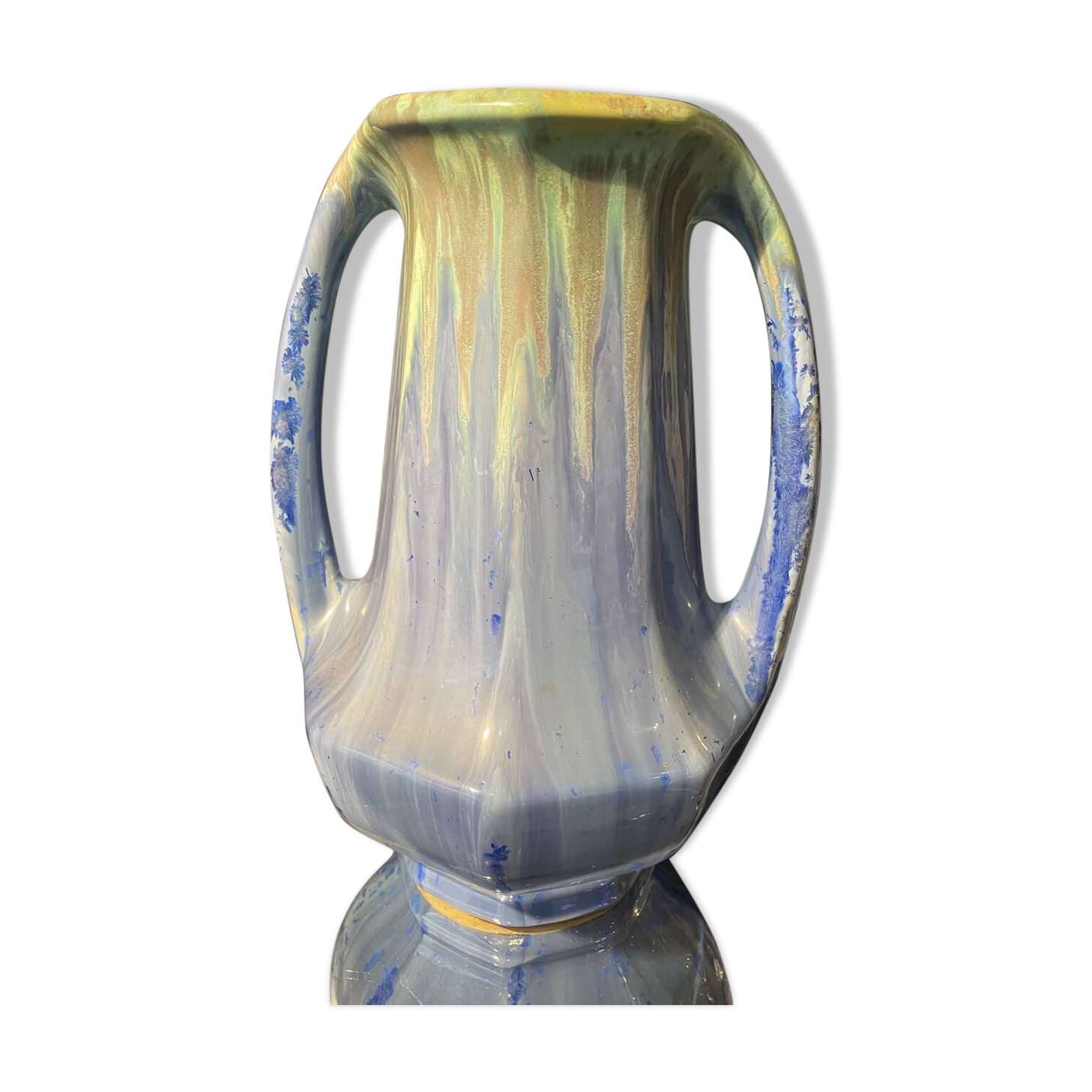 Grand vase forme amphore en gres de pierrefonds a couleur bleue et verte