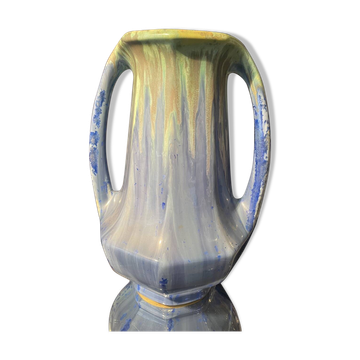 Grand vase forme amphore en gres de pierrefonds a couleur bleue et verte