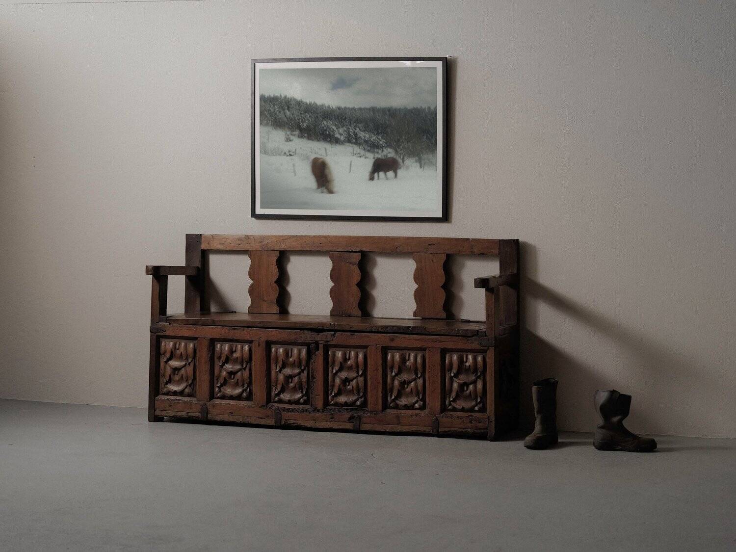 Carved solid wood bench-chest, 18th century