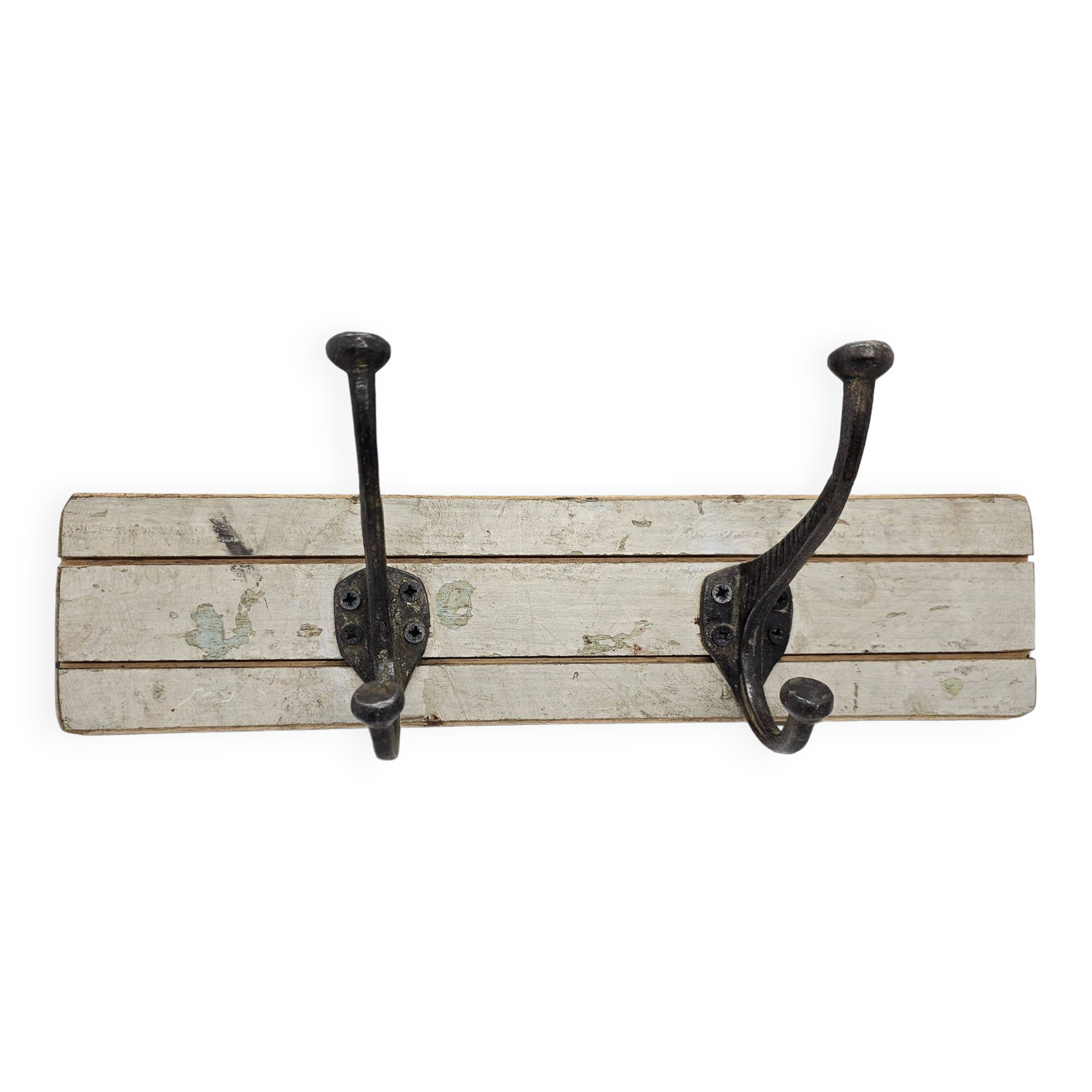 Solid teak coat hook with 2 double cast iron hooks