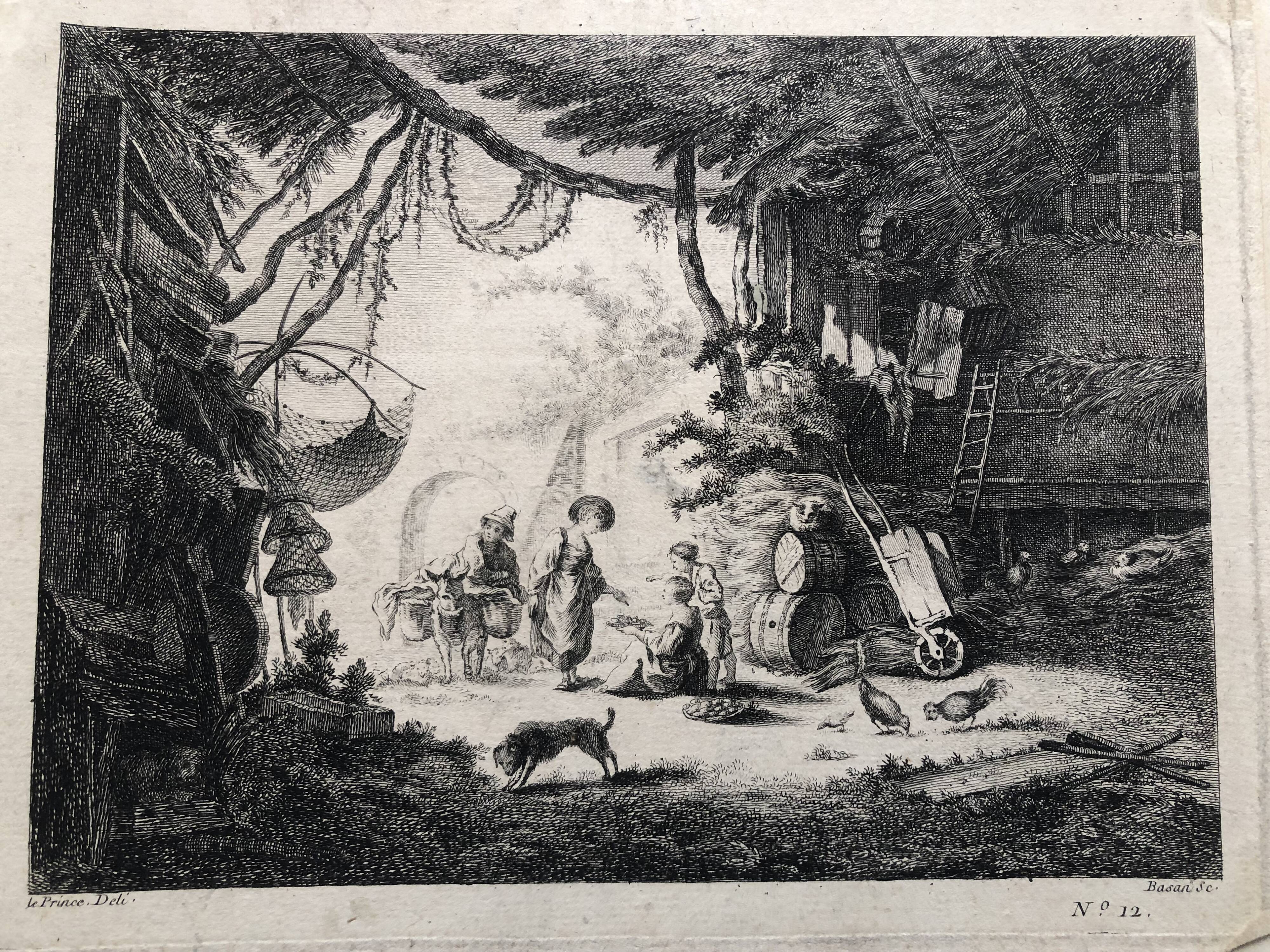 18th century forged water engraving children on the farm engraved by le prince circa 1750, printer basan n° 12