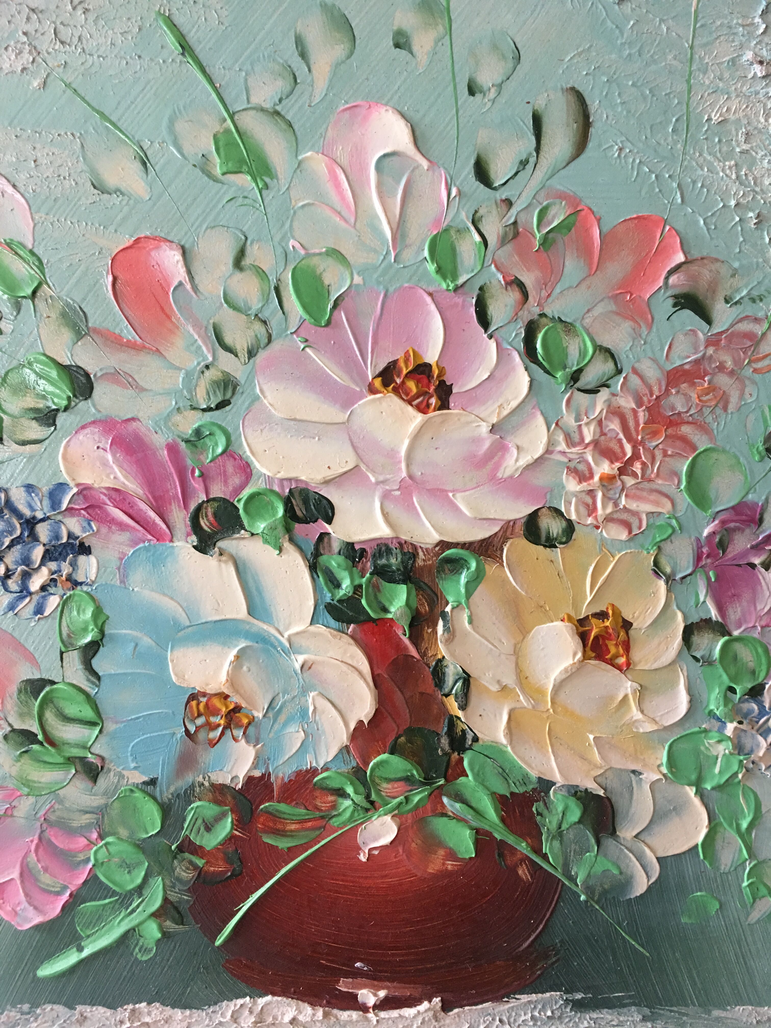 Painting painting in powder pink oil, blue-green