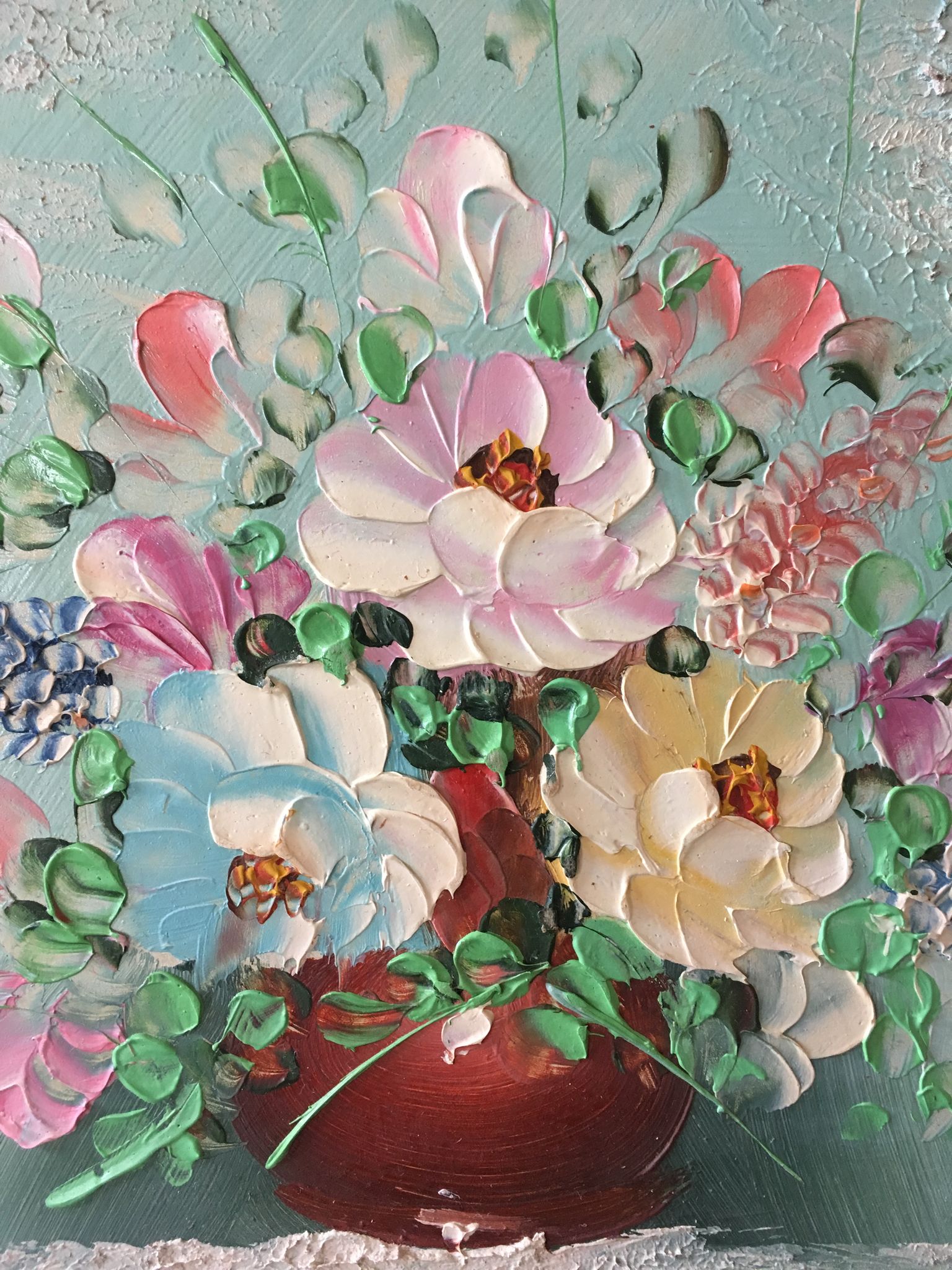 Painting painting in powder pink oil, blue-green