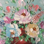 Painting painting in powder pink oil, blue-green