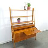 Teak fineer kast uit Zweden met lades, legplank en uitschuifbare plank