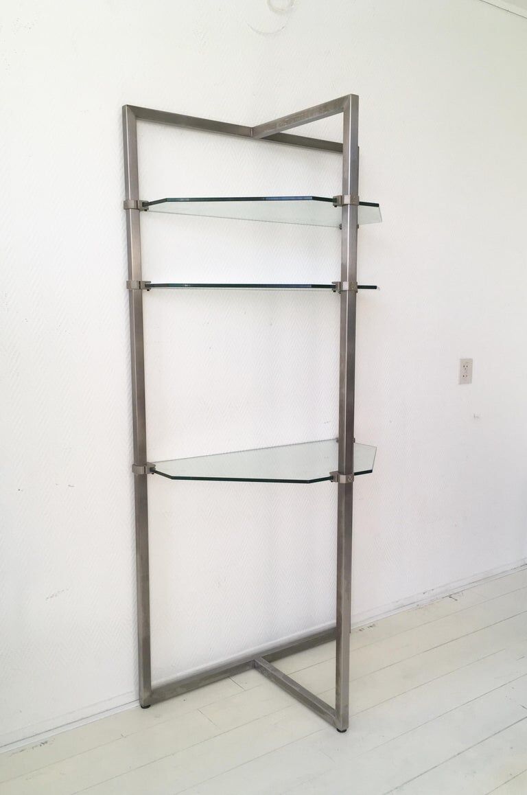 Stainless steel and glass wall shelf, bookcase by Peter Ghyzy, model pioneer