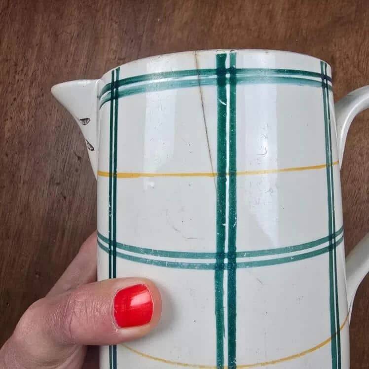 Old pitcher Moulin des Loups with green checks – Decorative vase jug country style