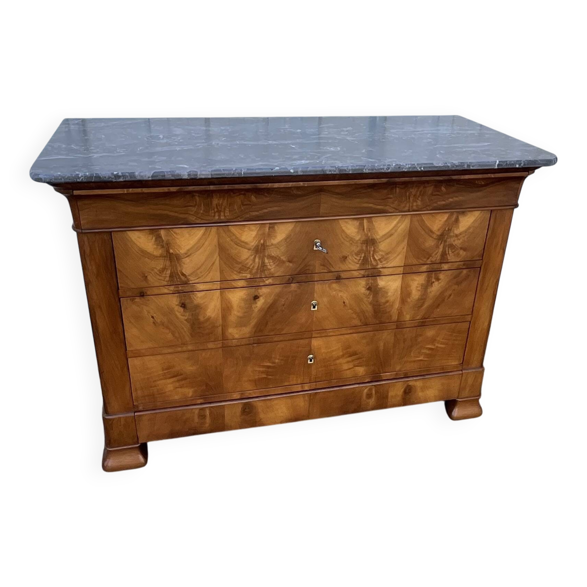 Louis-Philippe commode in burr walnut, Saint-Anne grey marble, mid-century