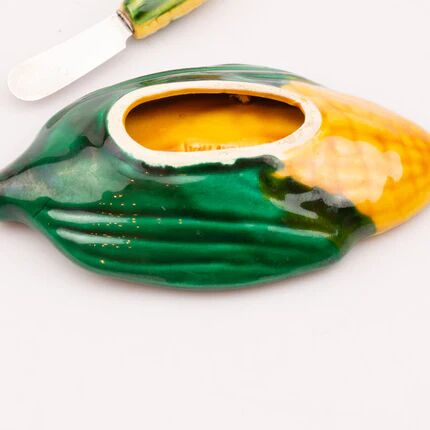 Vintage butter dish with corn cob design and its knife - Vallauris