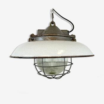 Industrial Grey Enamel Factory Cage Pendant Lamp in Cast Iron from Zaos, 1960s