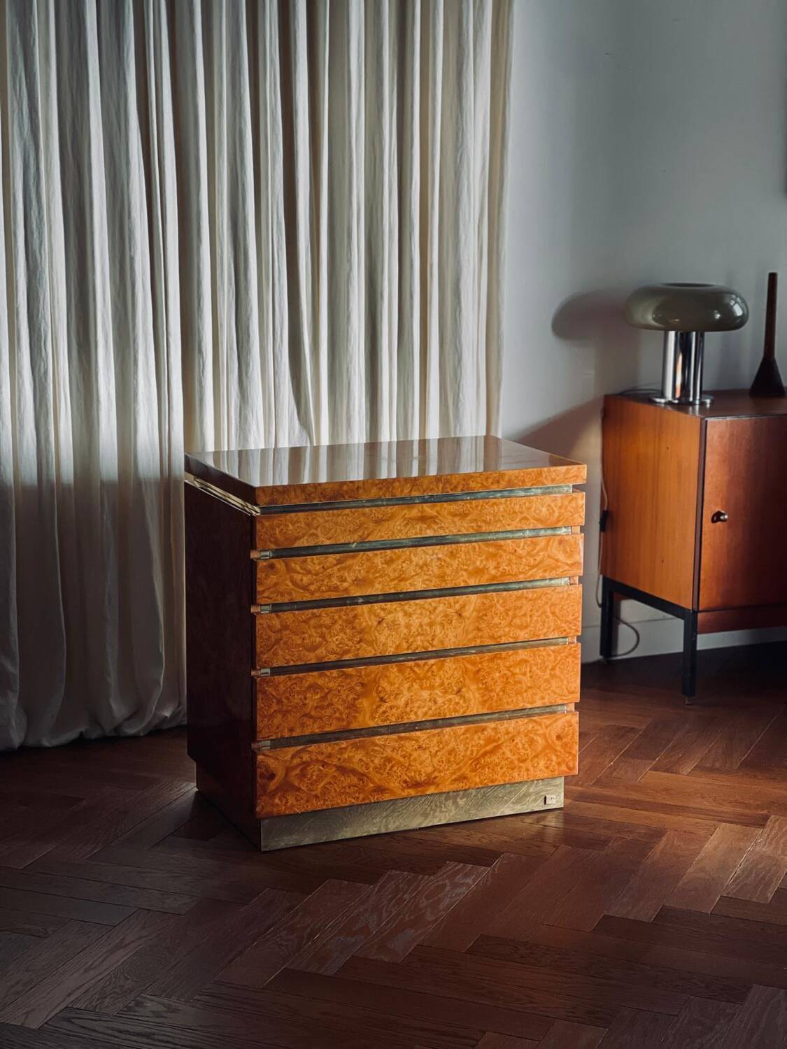 Lacquered elm burl chest of drawers by Jean Claude Mahey, 1970s.