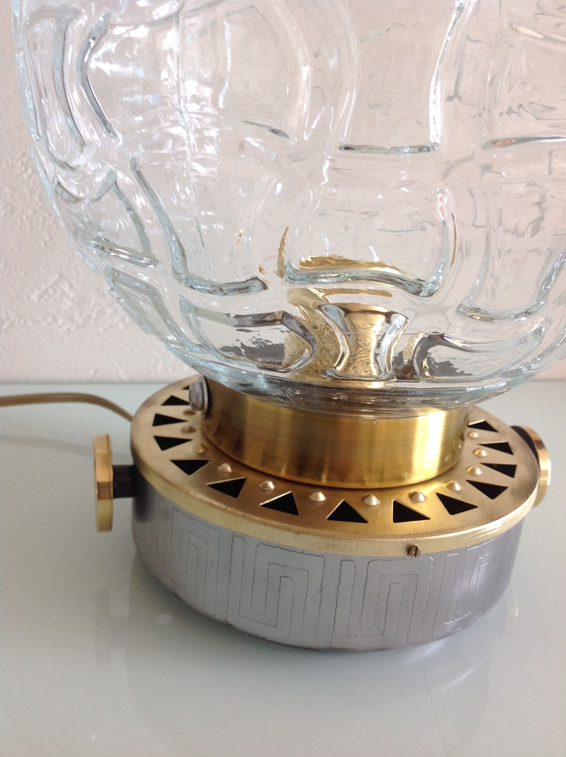 Structured glass globe lamp and metal-brass/ vintage 60s and 70s base