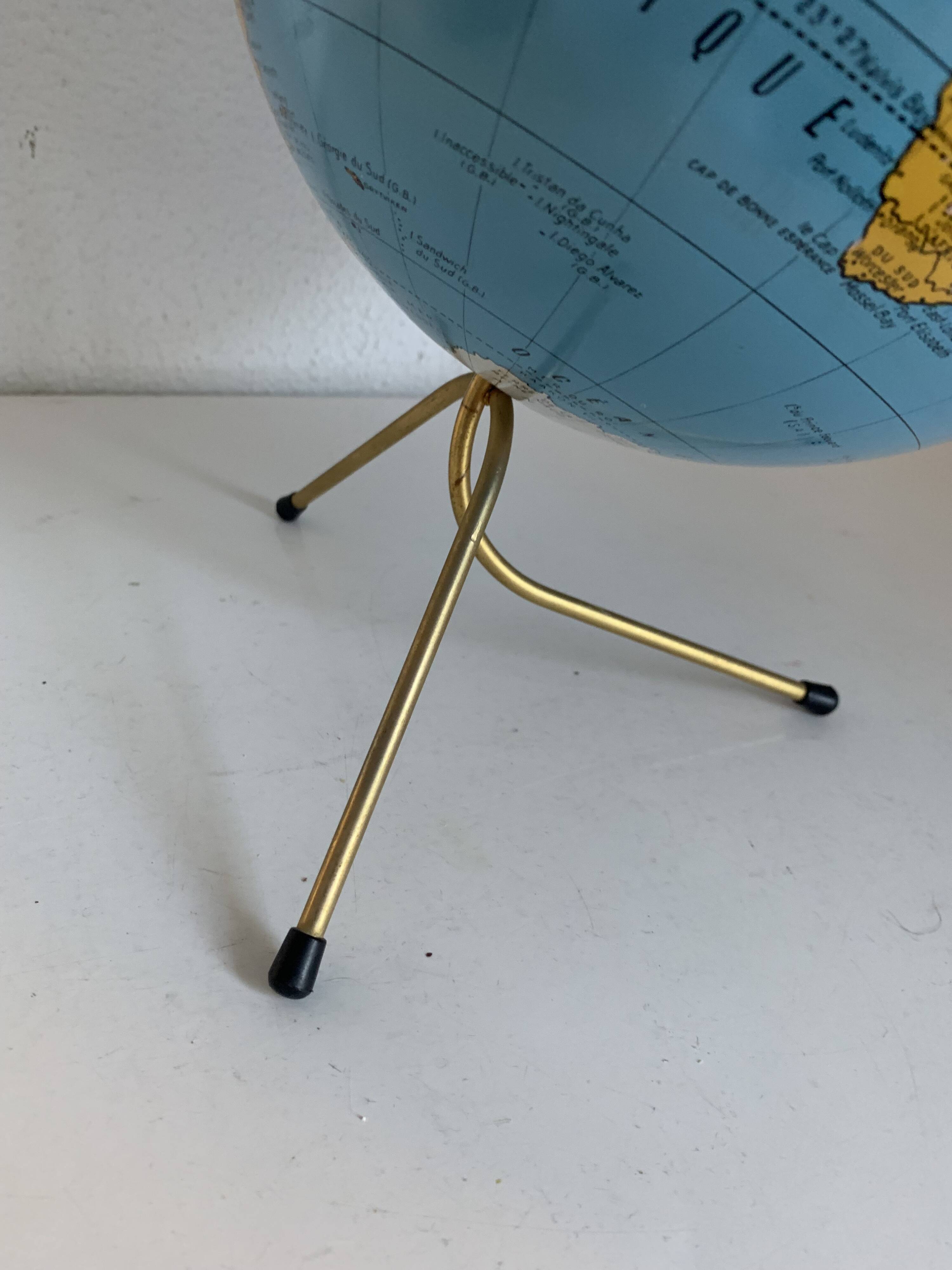 Vintage 1960 golden terrestrial globe by Taride, tripod world map - 28 cm