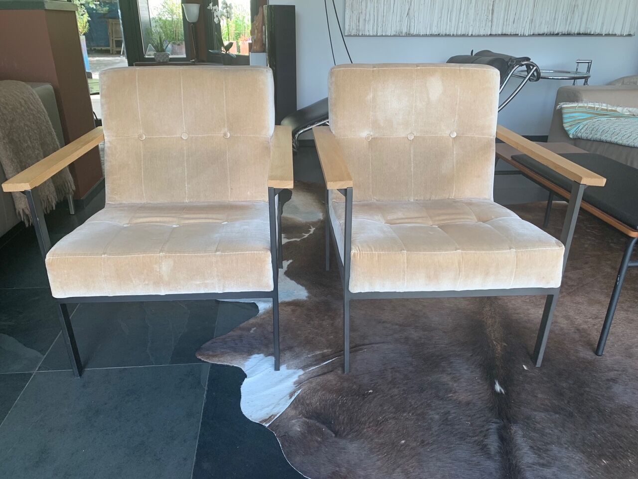 Pair of pomax metal/velvet armchairs