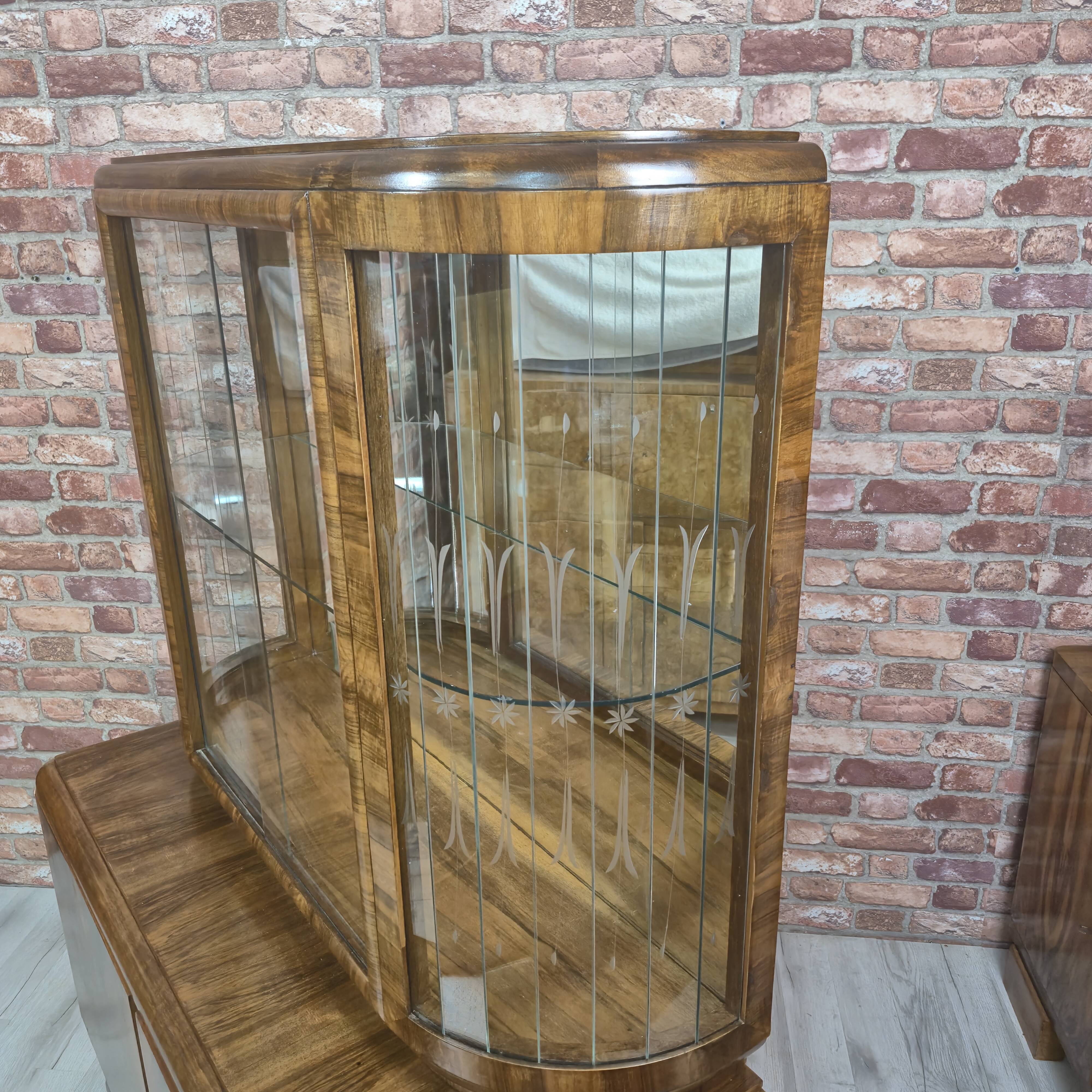 Restored Art Deco Walnut Display Cabinet with Engraved Glass Slats - 1930s