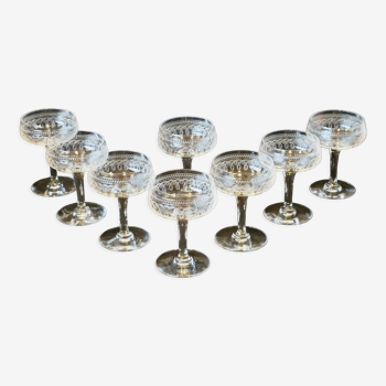 8 old champagne glasses in crystal engraved 1910