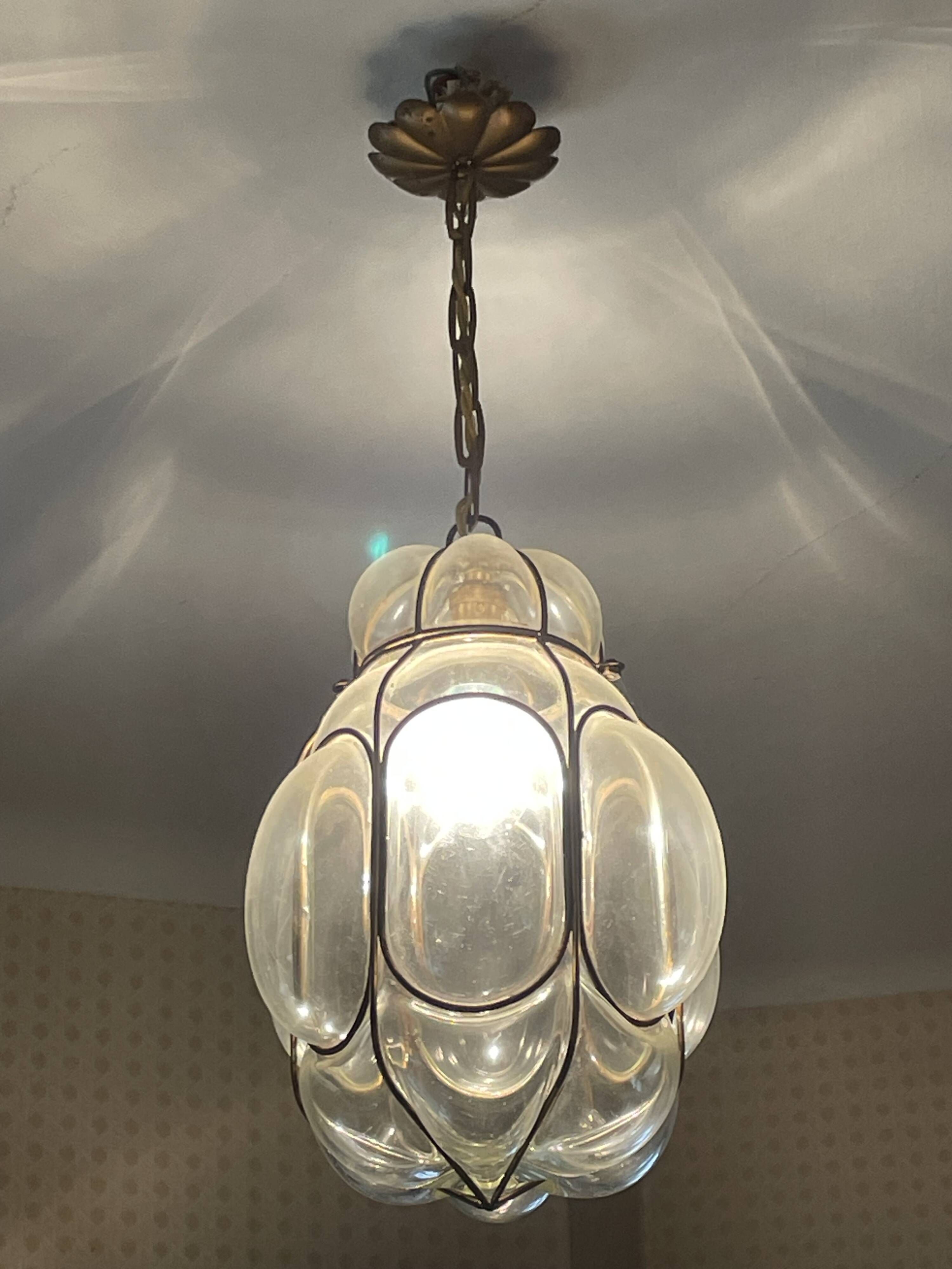 Old Venetian blown glass chandelier, Murano lighting fixture in wrought iron structure