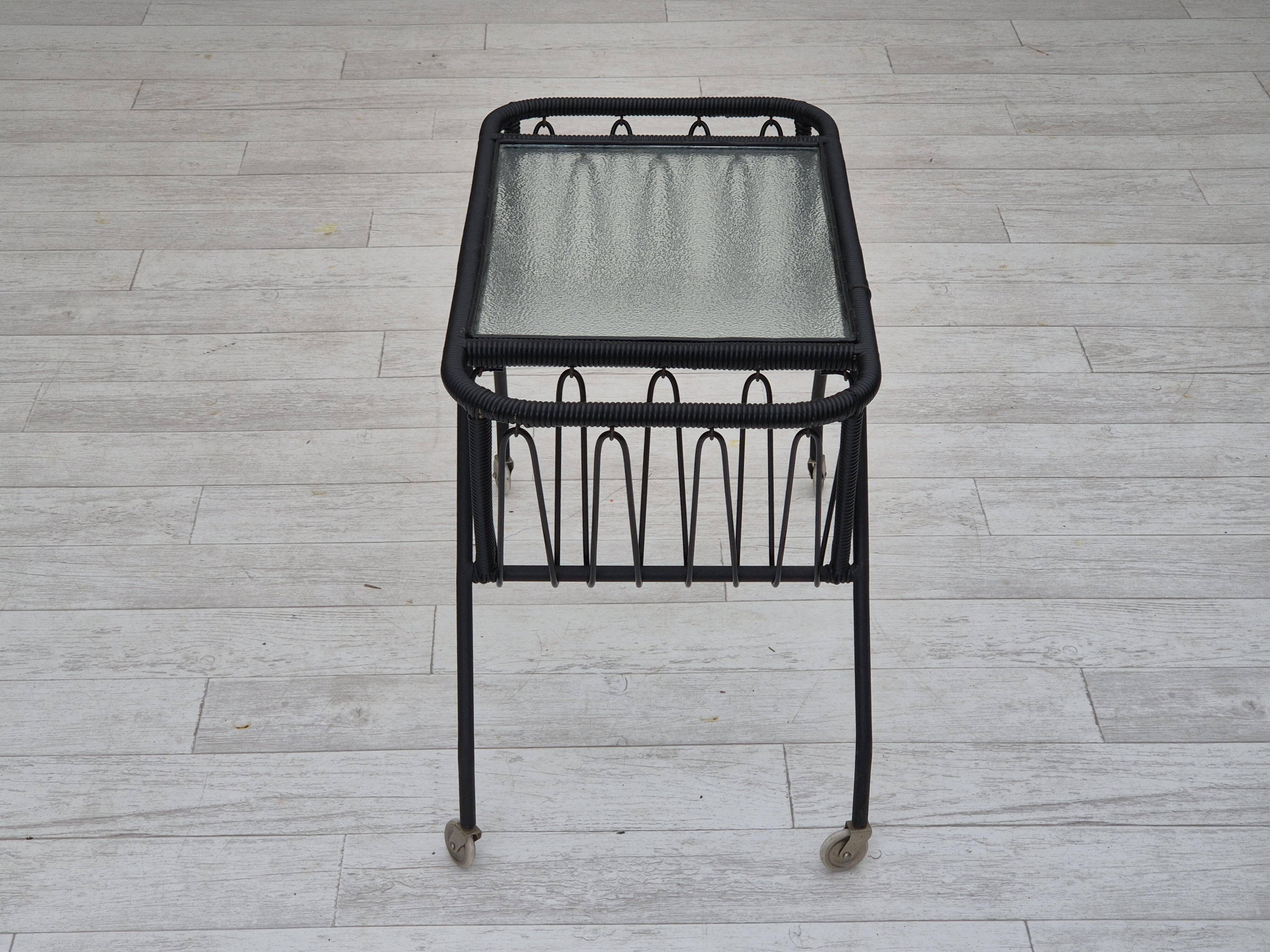 1970s, Scandinavian side table, original condition, glass, wood, metal, plastic rope.