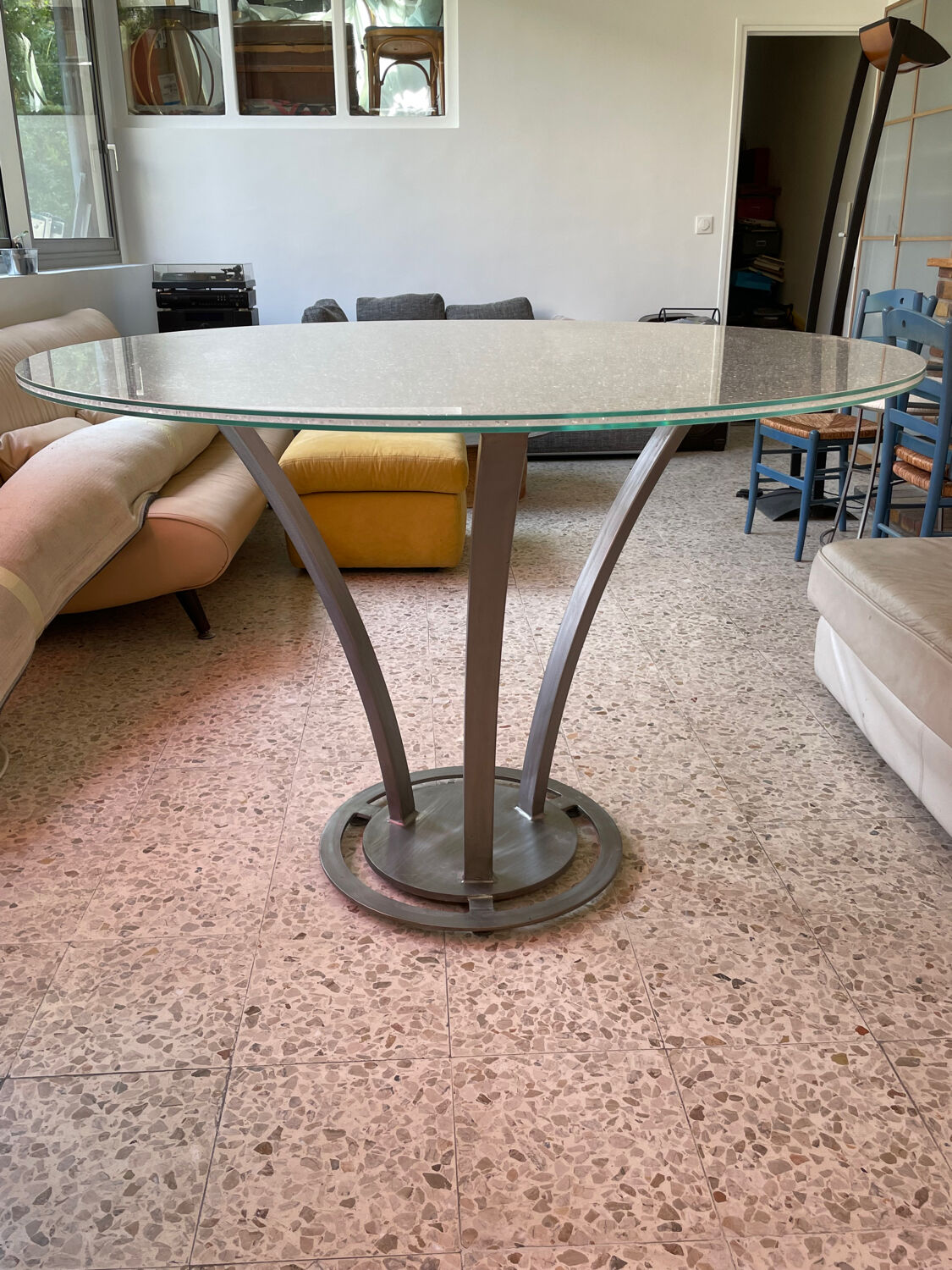 Design glass and steel high table 6-8 seats