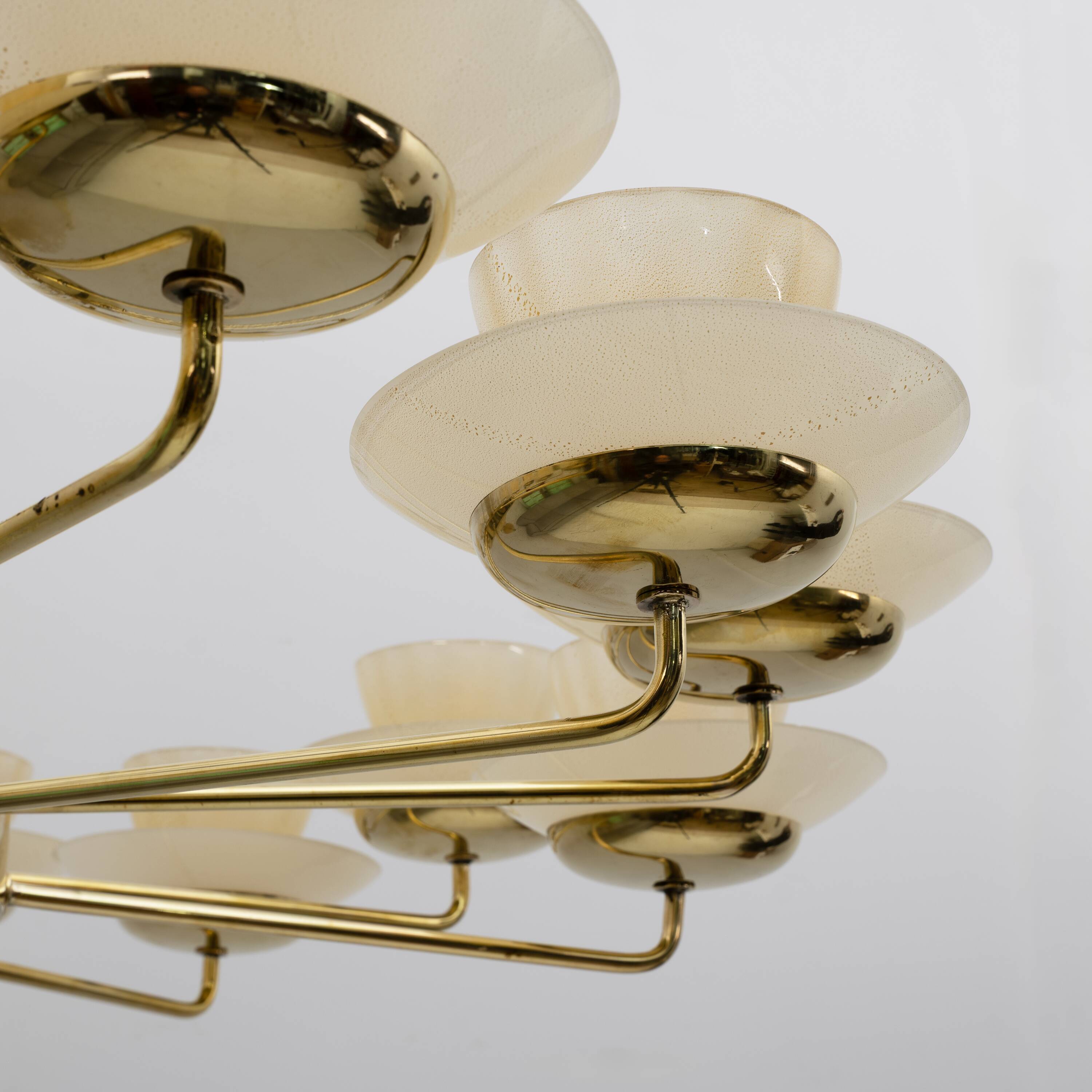 Mid Century Modern Style Brass and Murano Glass Big Chandelier
