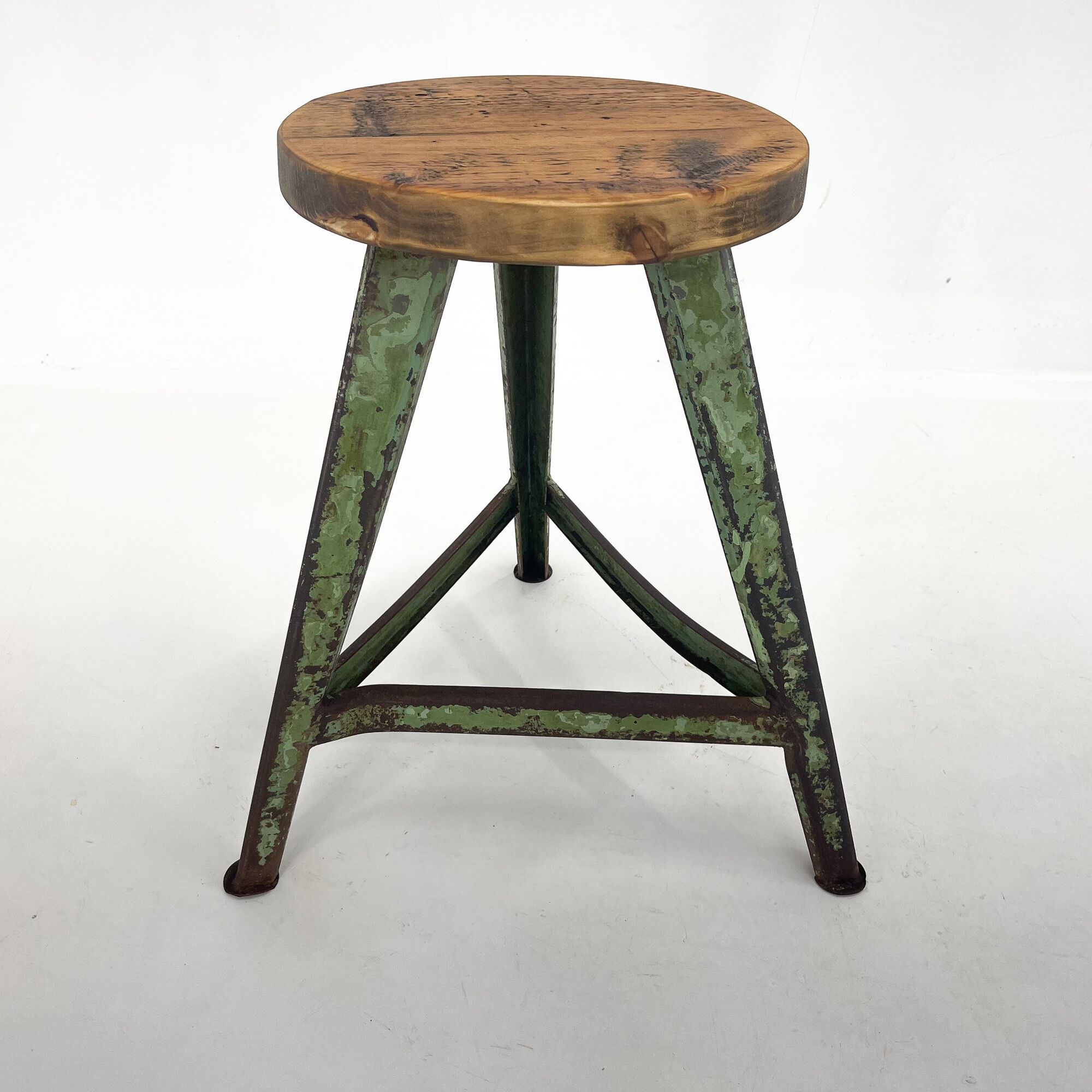 Vintage Industrial Steel & Wood Tripod Stool with Original Patina, 1950's