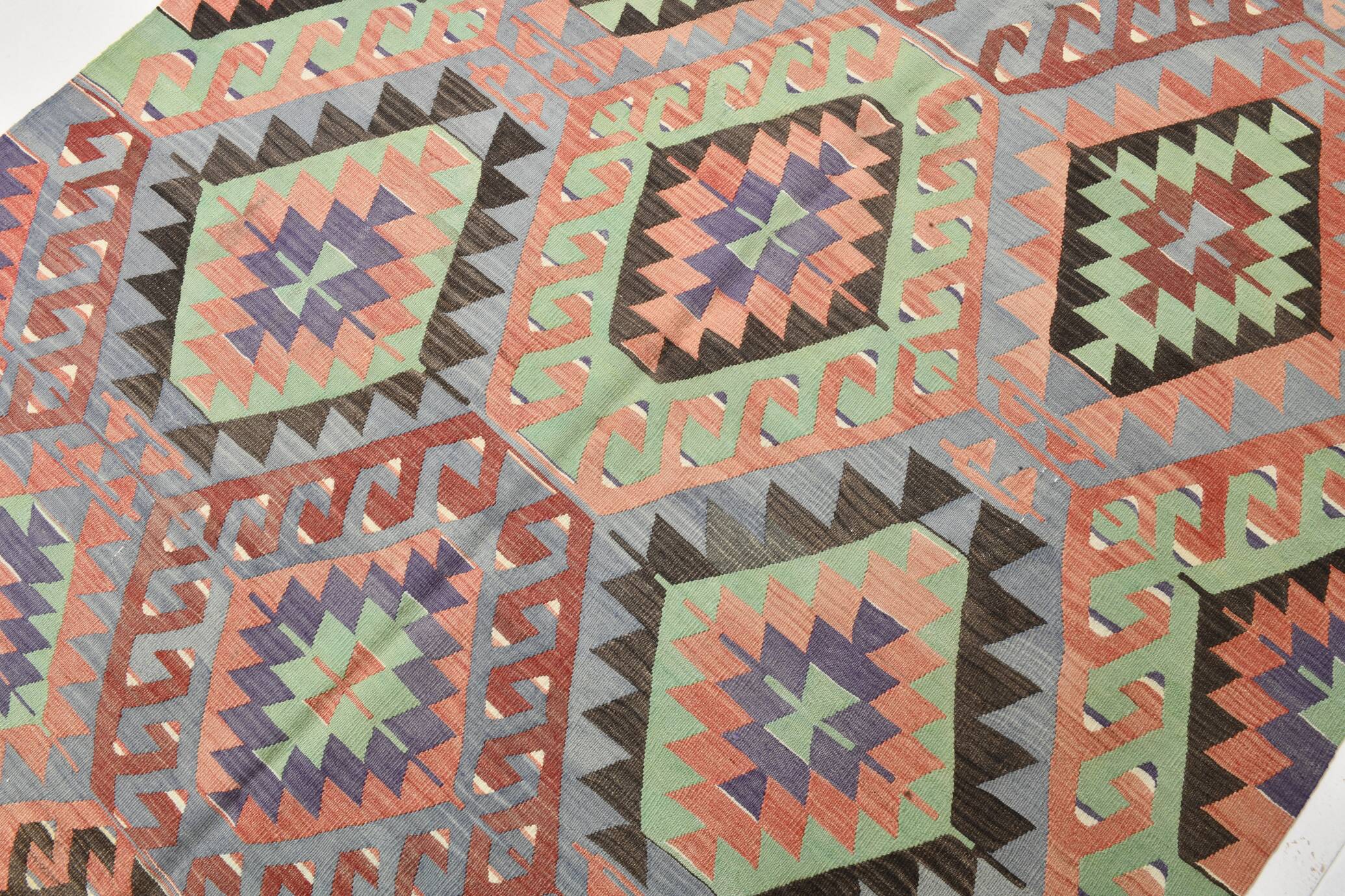 6x9 Green & Salmon Geometric Kilim Rug, 177x266Cm