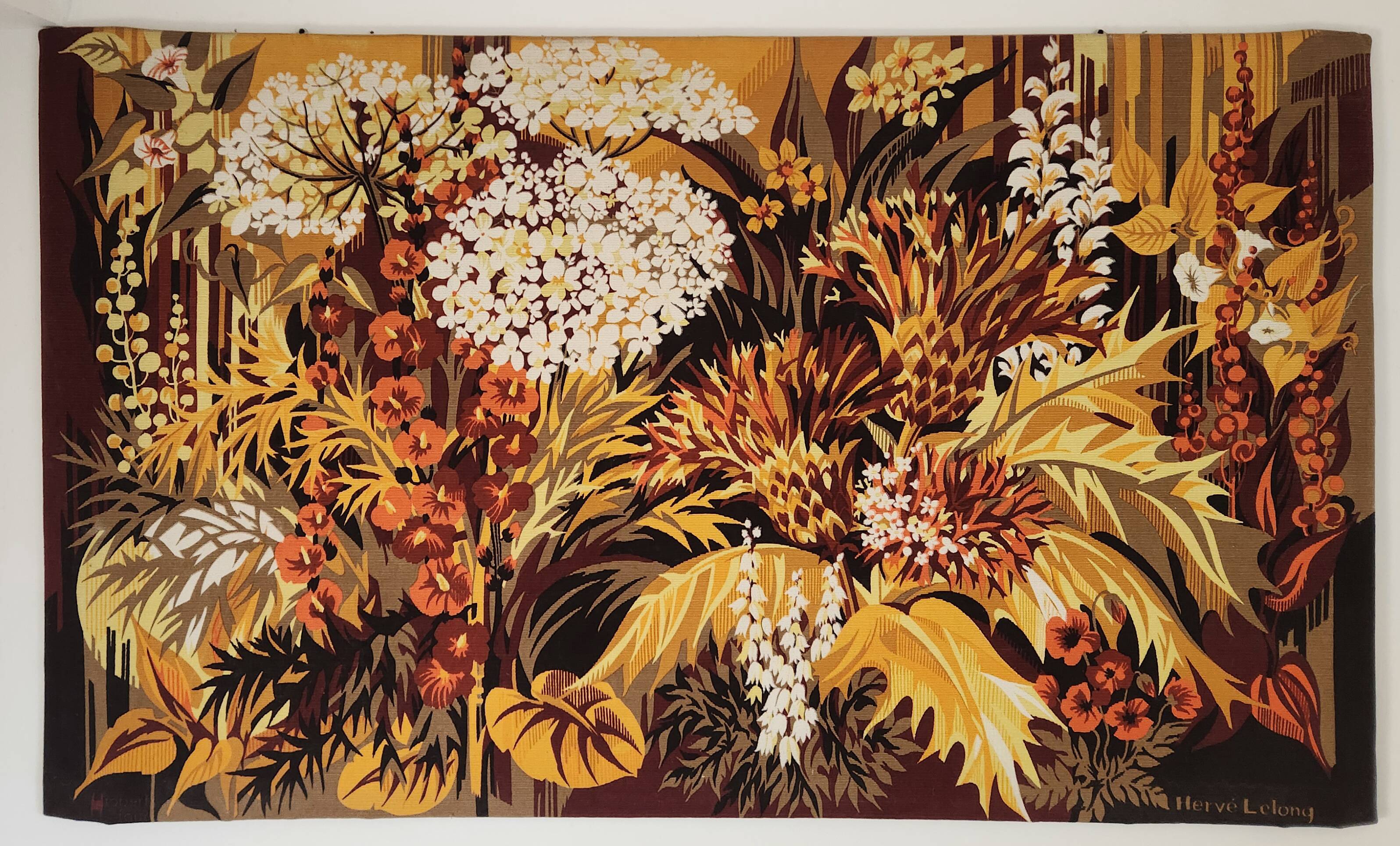 Vintage Aubusson tapestry signed by Hervé Lelong.