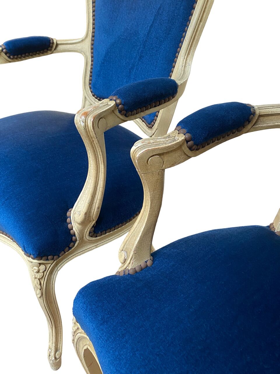 pair of Louis XV style armchairs in blue velvet