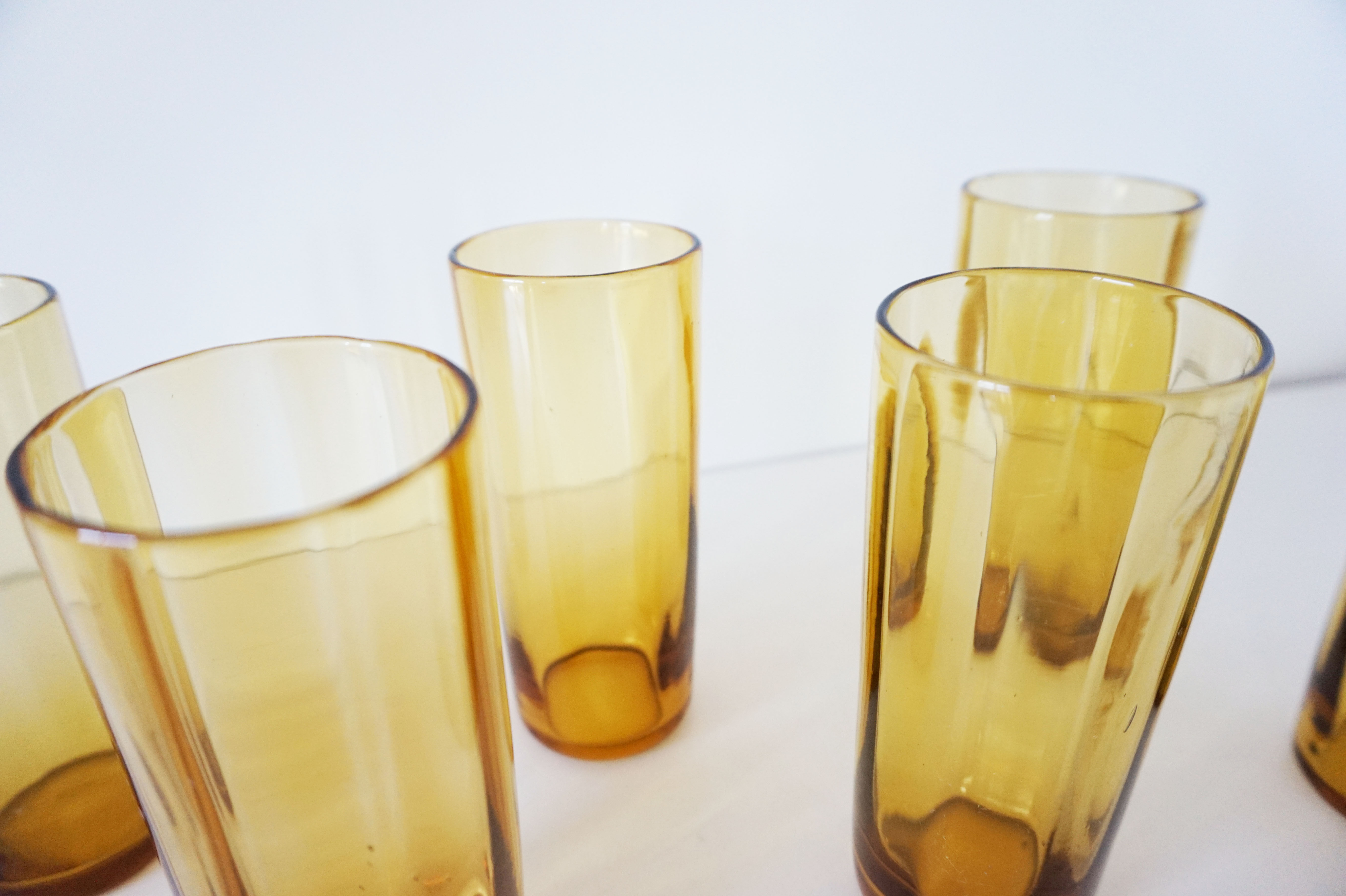 6 amber glass water glasses 1960