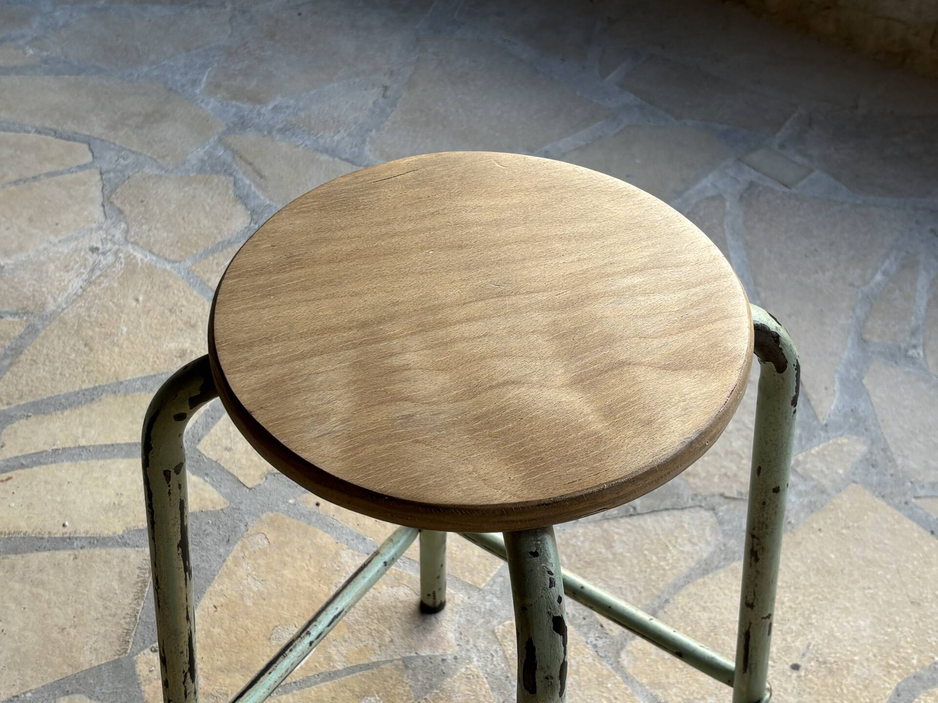 Vintage metal and beech school stool - restored