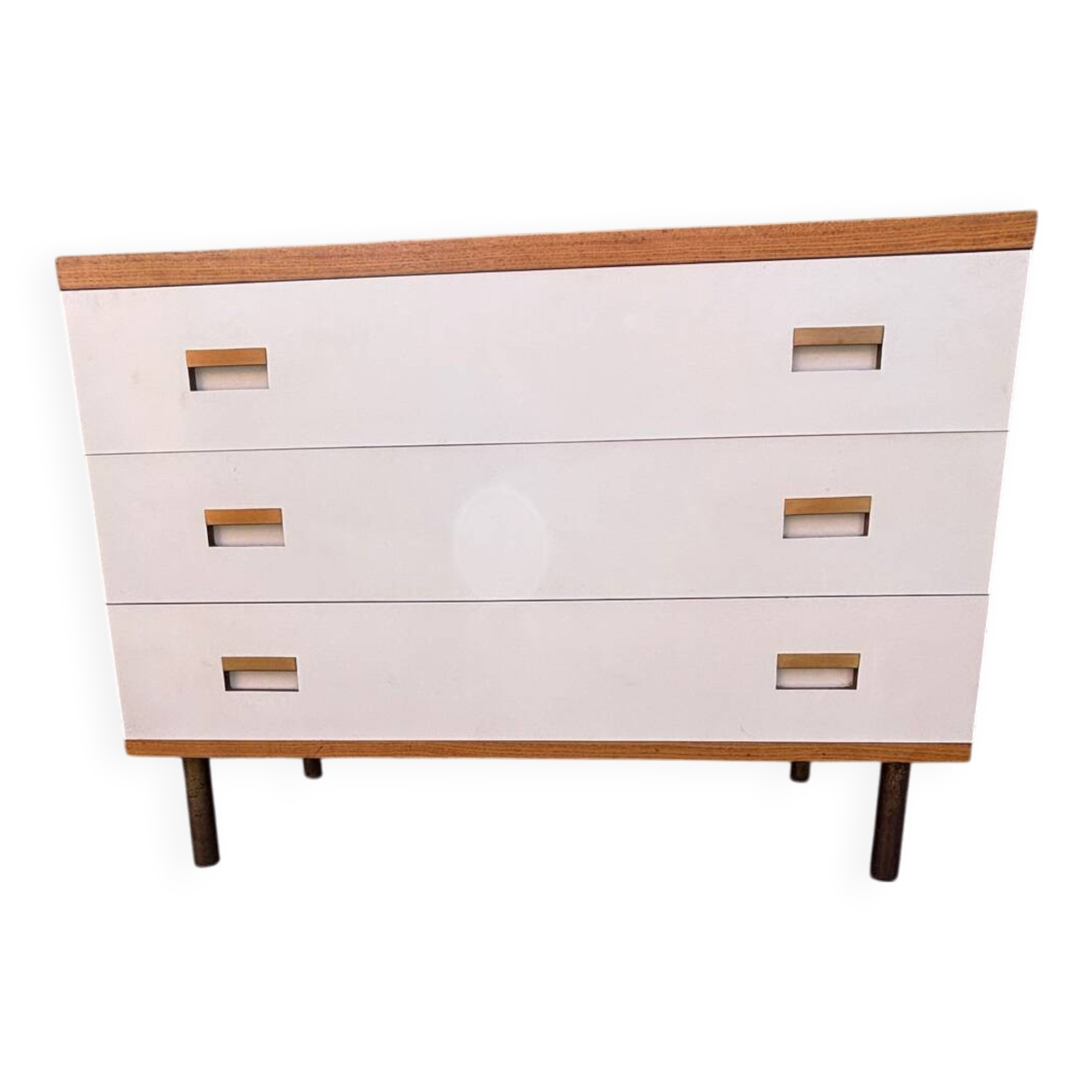 1970s chest of drawers in oak, brass and off-white veneer