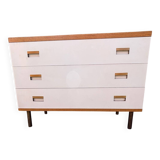 1970s chest of drawers in oak, brass and off-white veneer