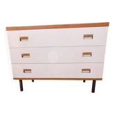 Commode années 70 chêne, laiton et placage blanc cassé