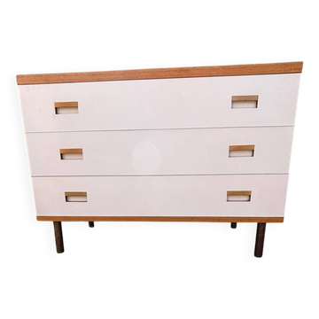 1970s chest of drawers in oak, brass and off-white veneer